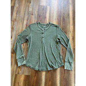 Aerie Women Size XL Ribbed Distressed Green Henley Long Sleeve Top